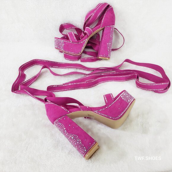 Extra Long Strap Rhinestone Platform Chunky Heel Shoes Hot Pink Fuchsia Rozie - Picture 8 of 9